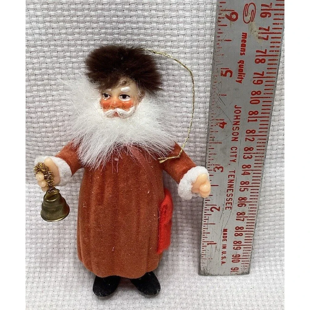 Flocked Plastic Old World Santa Christmas Ornament With Fur Hat & Bell 5”